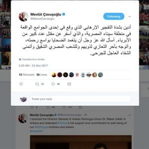 جاويش أوغلو يدين بشدة تفجير سيناء الإرهابي في مصر