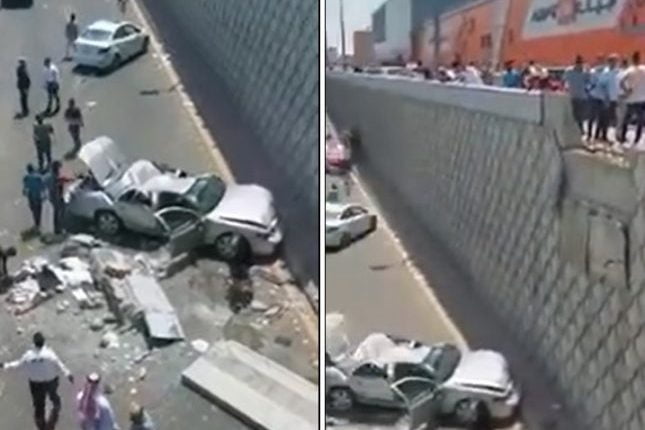 سقوط مروع لسيارة من أعلى جسر التحلية