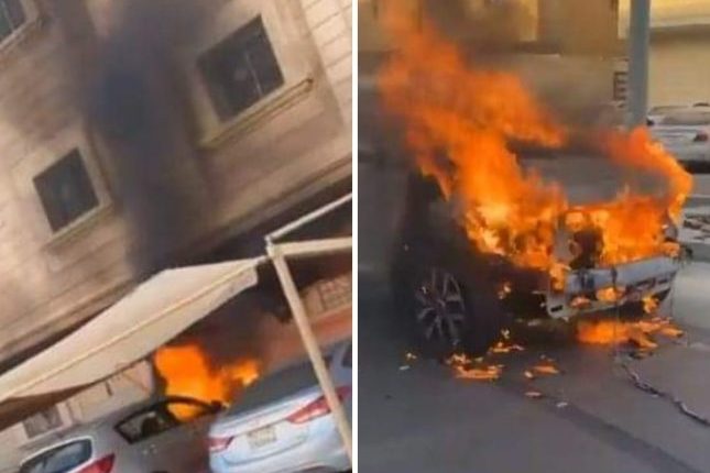 ردة فعل مواطن بعدما شاهد سيارة تحترق