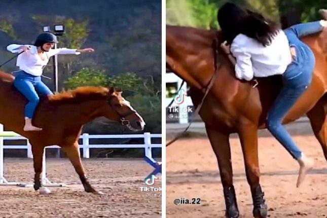 فتاة حسناء تستعرض مهاراتها في ركوب الخيل والقفز دون “لجام”