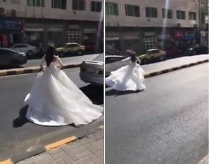 عروس بفستان الزفاف تركض