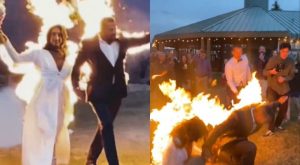 عروسان يضرمان النار بأنفسهما خلال حفل زفافهما (فيديو)