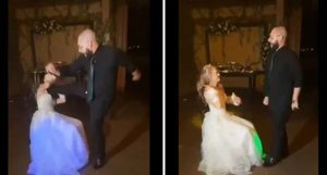 عريس يركل عروسه في وجهها خلال حفل زفافهما (فيديو)