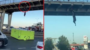 محاولة انتحار شخص عاري من جسر المتروباص في بيوك شكمجة بإسطنبول (فيديو)