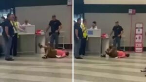 أزمة حقيبة اليد في المطار: امرأة ألقت بنفسها على الأرض والفوضى تعم المكان والجميع في حالة صدمة